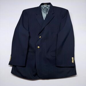 Stafford Mens Navy Blue Hopsack Blazer Gold Crest Buttons 2-Button Jacket 48R
